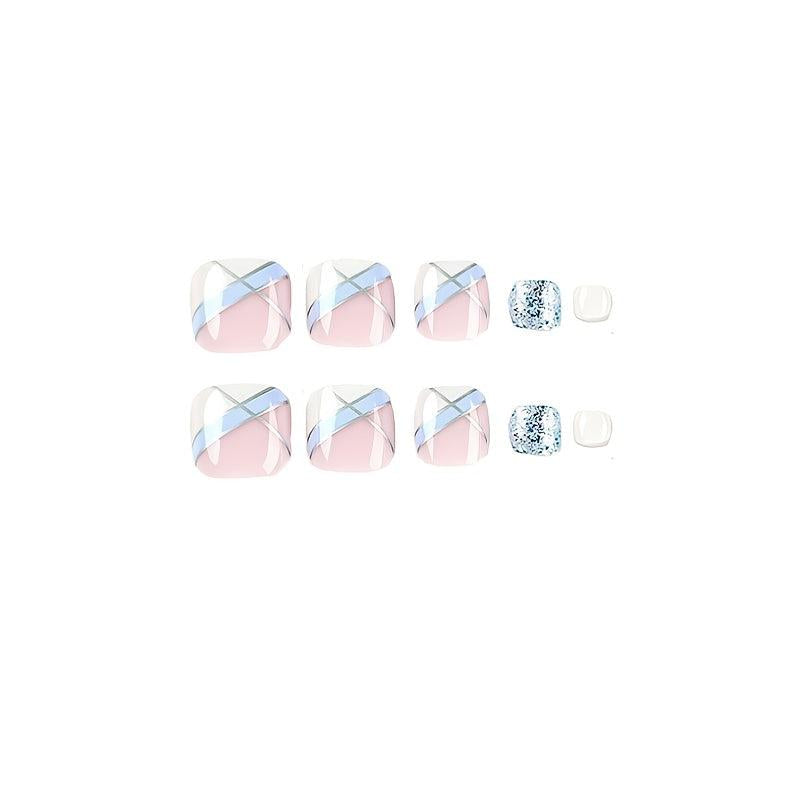 24pcs Glossy French Tip Toenails with Glitter Sequins & Silver Line