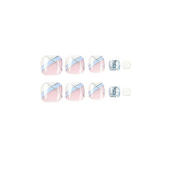 24pcs Glossy French Tip Toenails with Glitter Sequins & Silver Line