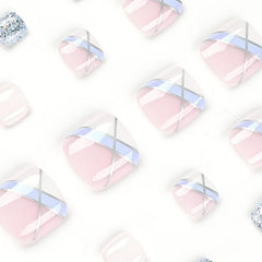 24pcs Glossy French Tip Toenails with Glitter Sequins & Silver Line