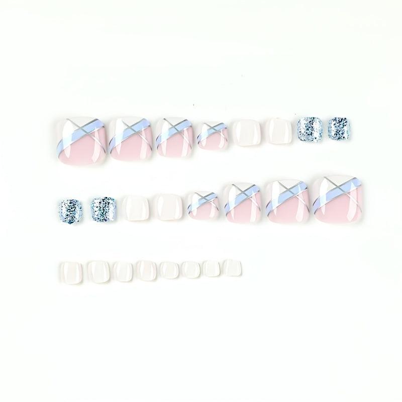 24pcs Glossy French Tip Toenails with Glitter Sequins & Silver Line