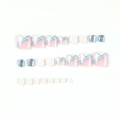 24pcs Glossy French Tip Toenails with Glitter Sequins & Silver Line