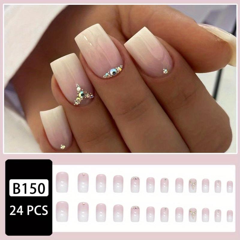 24pcs Gradient Press On Nails with Rhinestones Full Cover False Nails for Women