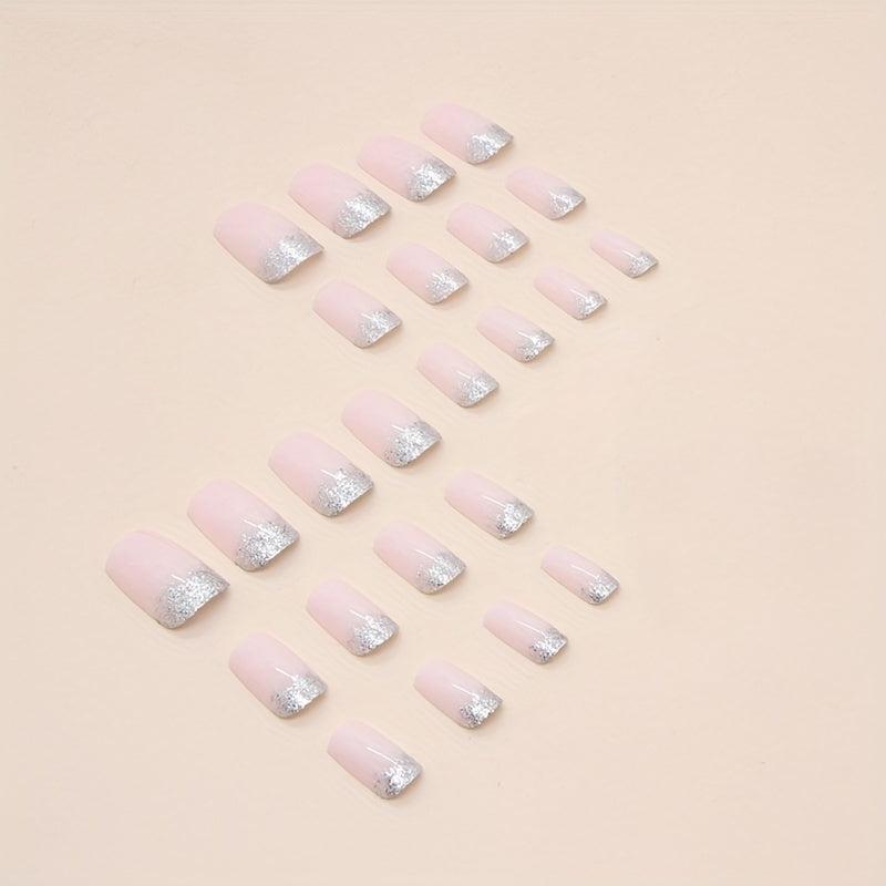 24 pcs Pink Gradient Squoval Press On Nails with Silver Glitter