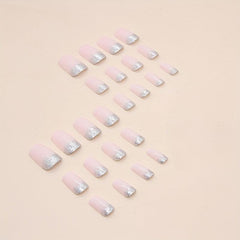 24 pcs Pink Gradient Squoval Press On Nails with Silver Glitter