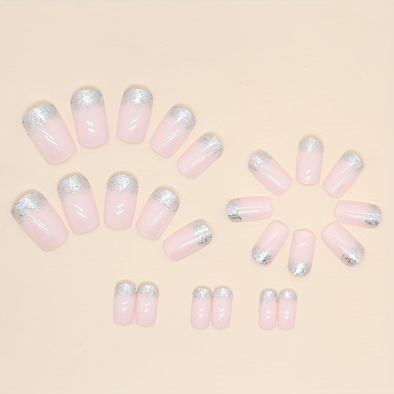 24 pcs Pink Gradient Squoval Press On Nails with Silver Glitter