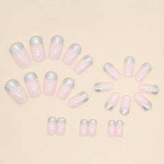 24 pcs Pink Gradient Squoval Press On Nails with Silver Glitter