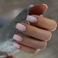 24 pcs Pink Gradient Squoval Press On Nails with Silver Glitter
