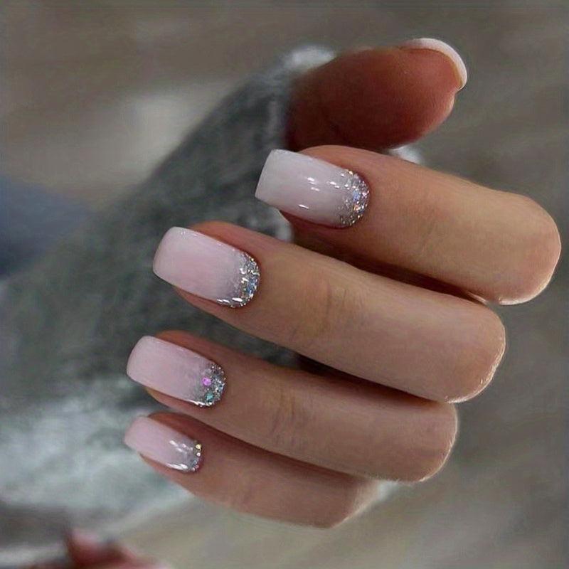 24 pcs Pink Gradient Squoval Press On Nails with Silver Glitter
