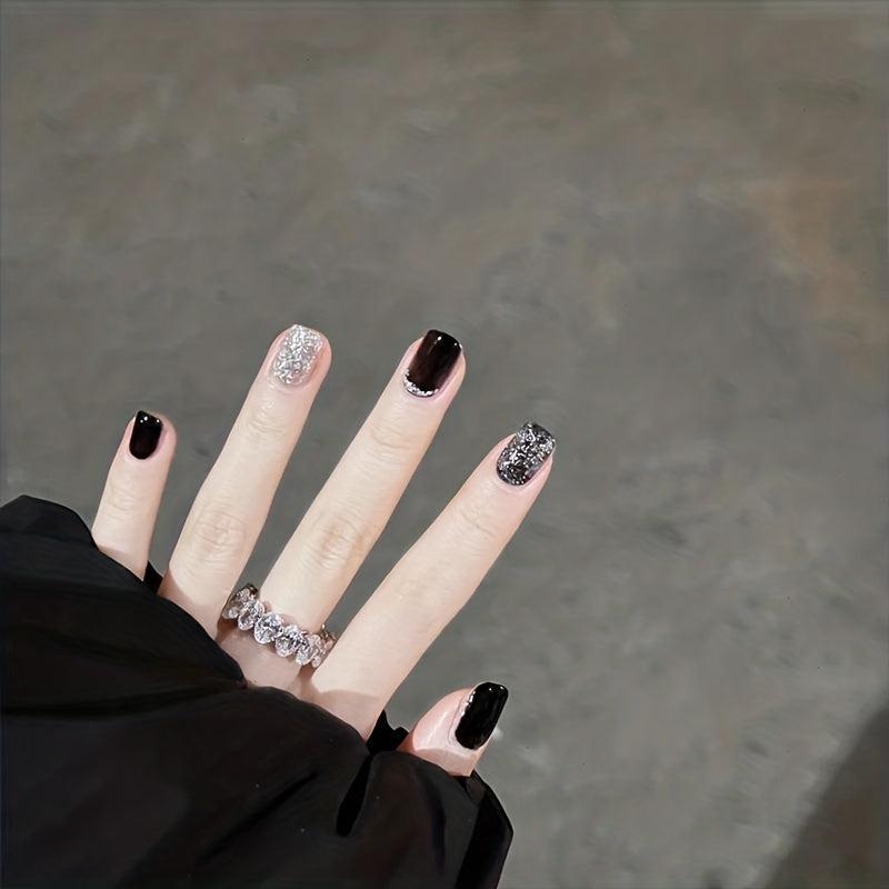 French Tip Glitter Press On Nails for Women and Girls