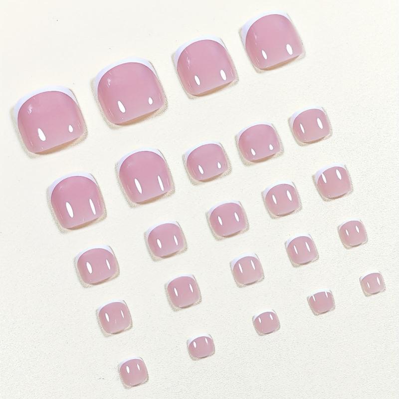 24pcs Nude Pink French Tip Press On Toenails Short Square False Toenails