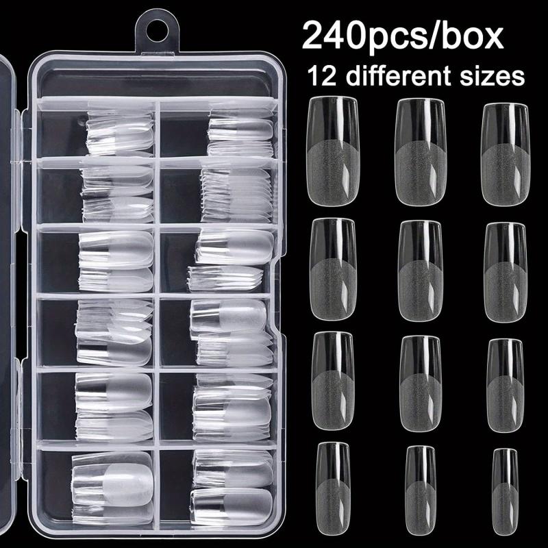240Pcs Clear Gel Full Cover Nail Tips Square False Nails DIY Salon