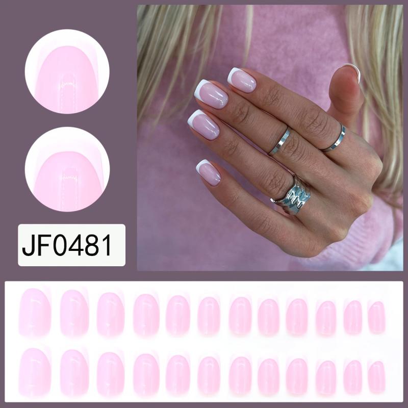 French Tip Pink Press On Nails Full Cover Coffin Short Length