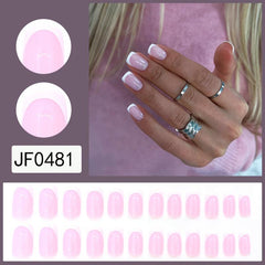 French Tip Pink Press On Nails Full Cover Coffin Short Length