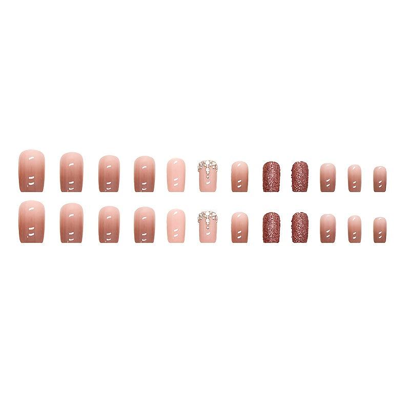 24pcs Brown Gradient Press On Nails with Rhinestone Short Square False Nails