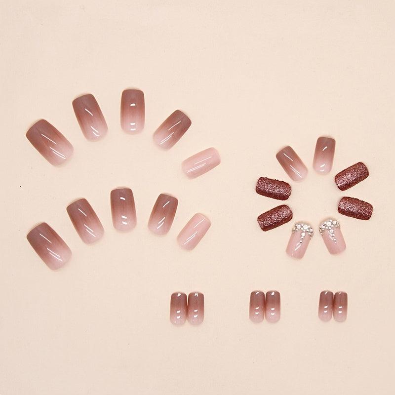 24pcs Brown Gradient Press On Nails with Rhinestone Short Square False Nails