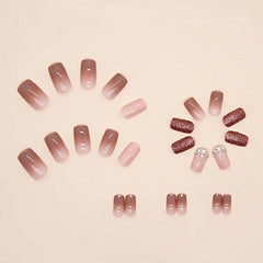 24pcs Brown Gradient Press On Nails with Rhinestone Short Square False Nails