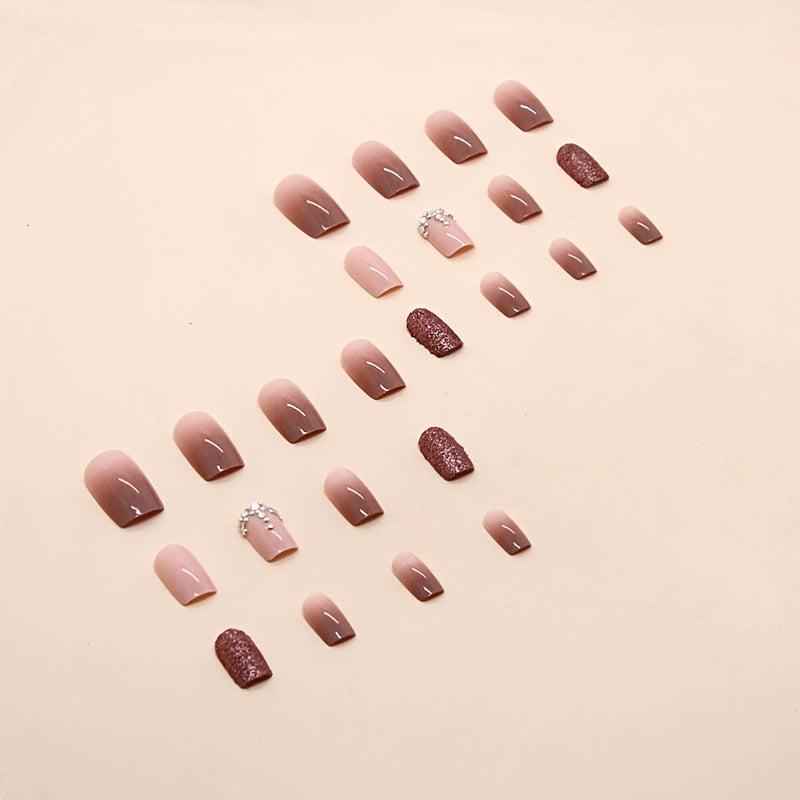 24pcs Brown Gradient Press On Nails with Rhinestone Short Square False Nails