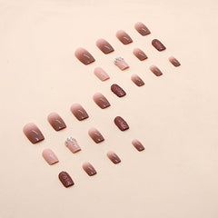 24pcs Brown Gradient Press On Nails with Rhinestone Short Square False Nails