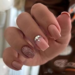 24pcs Brown Gradient Press On Nails with Rhinestone Short Square False Nails