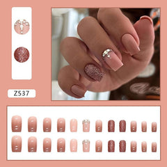 24pcs Brown Gradient Press On Nails with Rhinestone Short Square False Nails