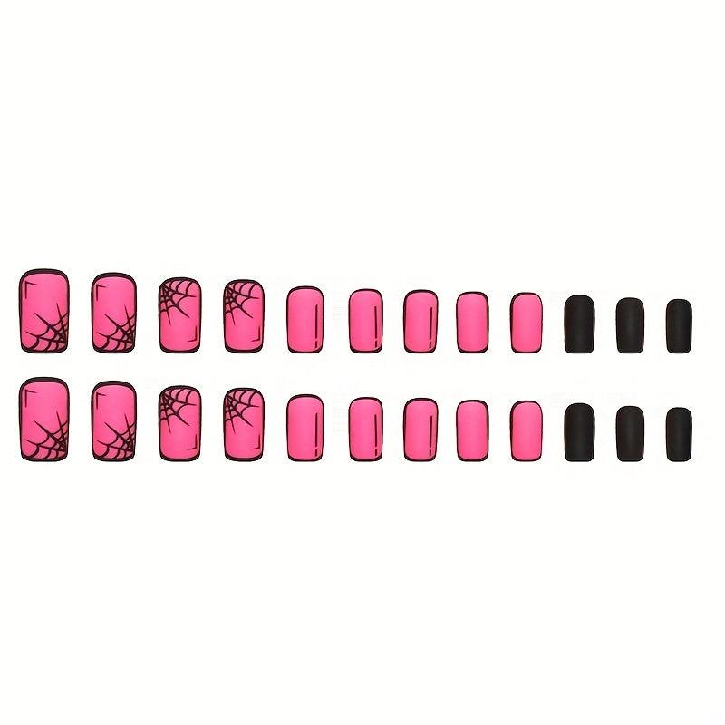 Matte Rose Red Acrylic Nails with Cobweb Full Coverage Halloween False Nails