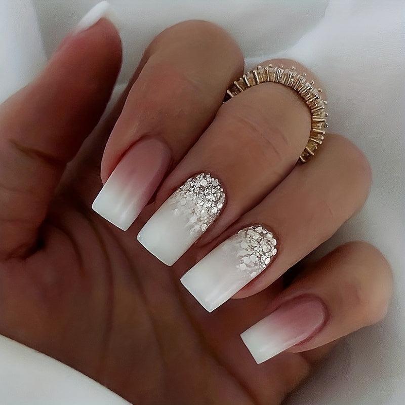 24pcs Gradient Glossy Press On Nails with Glitter Sequin for Women and Girls