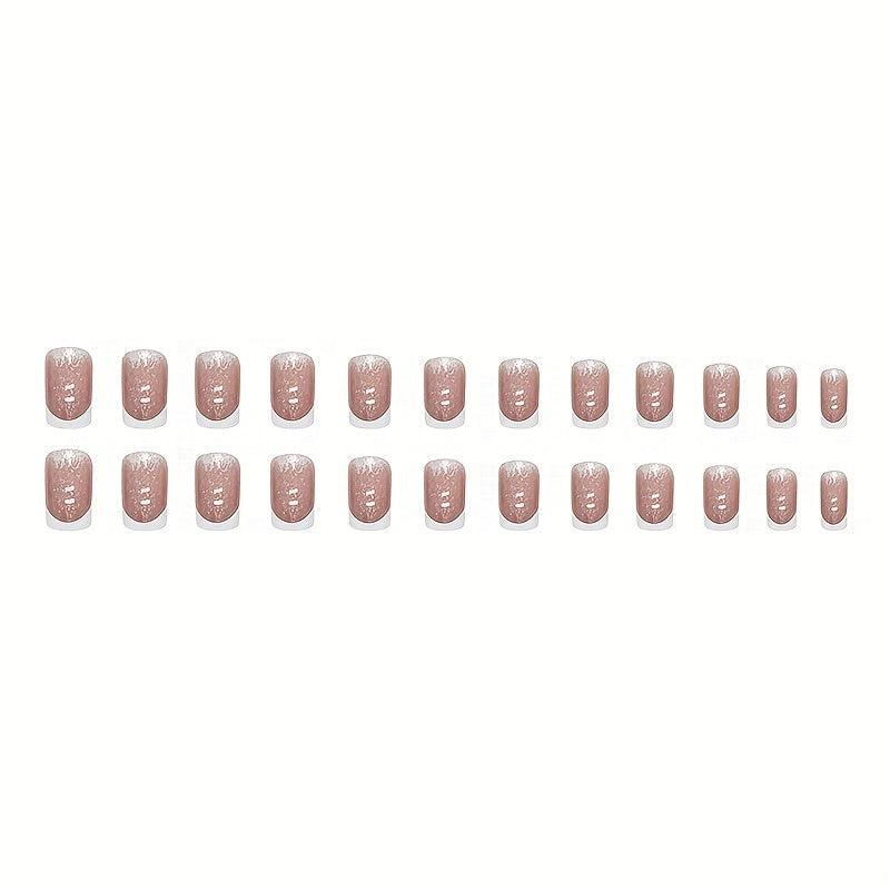 24pcs Pink Glitter French Tip Press On Nails Square False Nails for Women