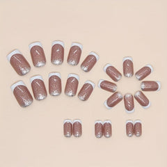 24pcs Pink Glitter French Tip Press On Nails Square False Nails for Women