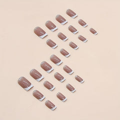 24pcs Pink Glitter French Tip Press On Nails Square False Nails for Women