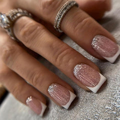 24pcs Pink Glitter French Tip Press On Nails Square False Nails for Women
