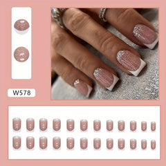 24pcs Pink Glitter French Tip Press On Nails Square False Nails for Women