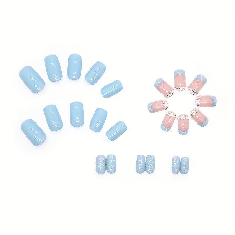 French Tip Press On Nails with Rhinestone Bling and Glitter Sequins
