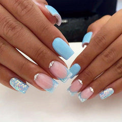 French Tip Press On Nails with Rhinestone Bling and Glitter Sequins