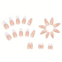 24 Almond Acrylic Nails Flowers French Tip Press On Nails w/ Glue Sticker & File
