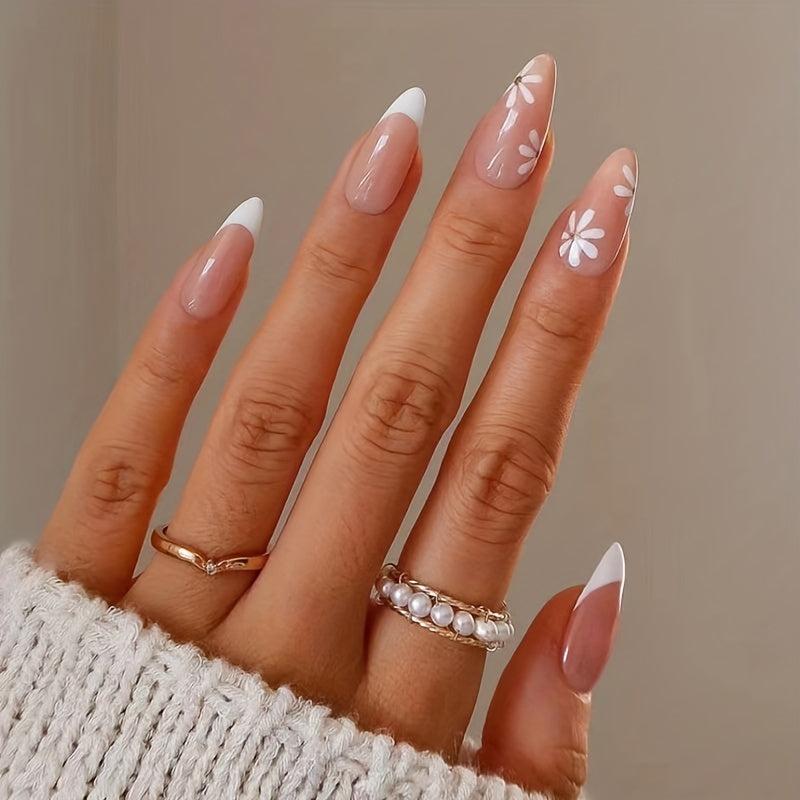 24 Almond Acrylic Nails Flowers French Tip Press On Nails w/ Glue Sticker & File