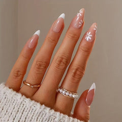24 Almond Acrylic Nails Flowers French Tip Press On Nails w/ Glue Sticker & File