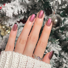 Red Sequin Press On Nails Glossy Full Cover Squoval False Nails
