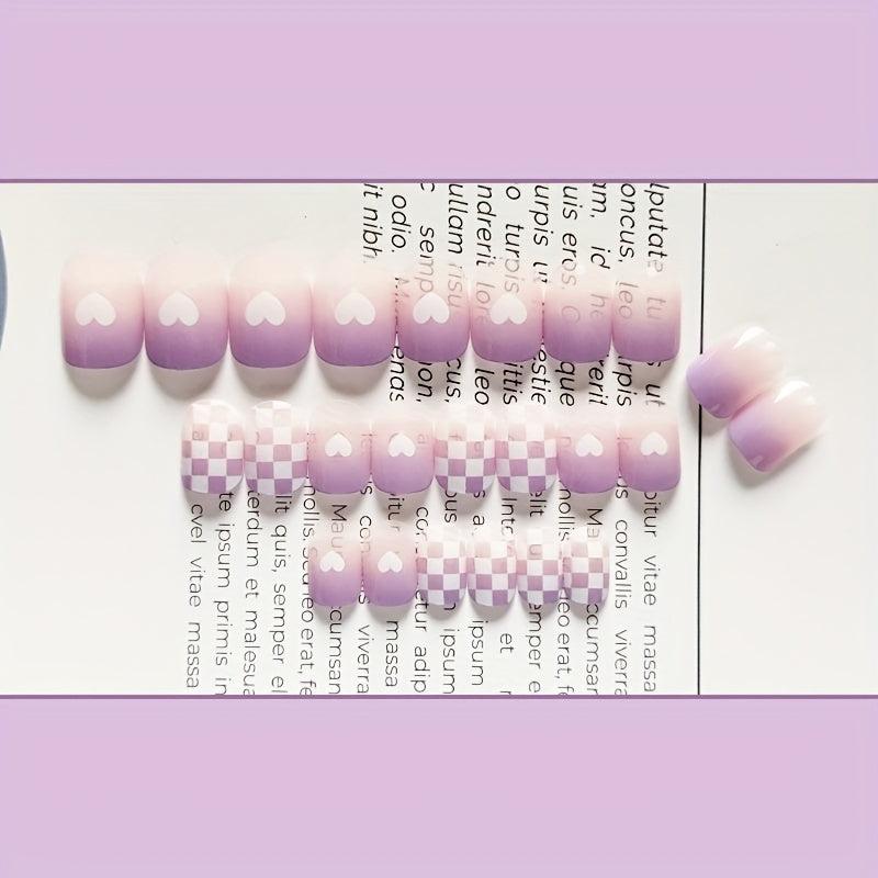 24 pcs Gradient Checkerboard Love False Nails Glossy Square for Women