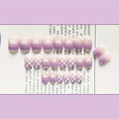 24 pcs Gradient Checkerboard Love False Nails Glossy Square for Women