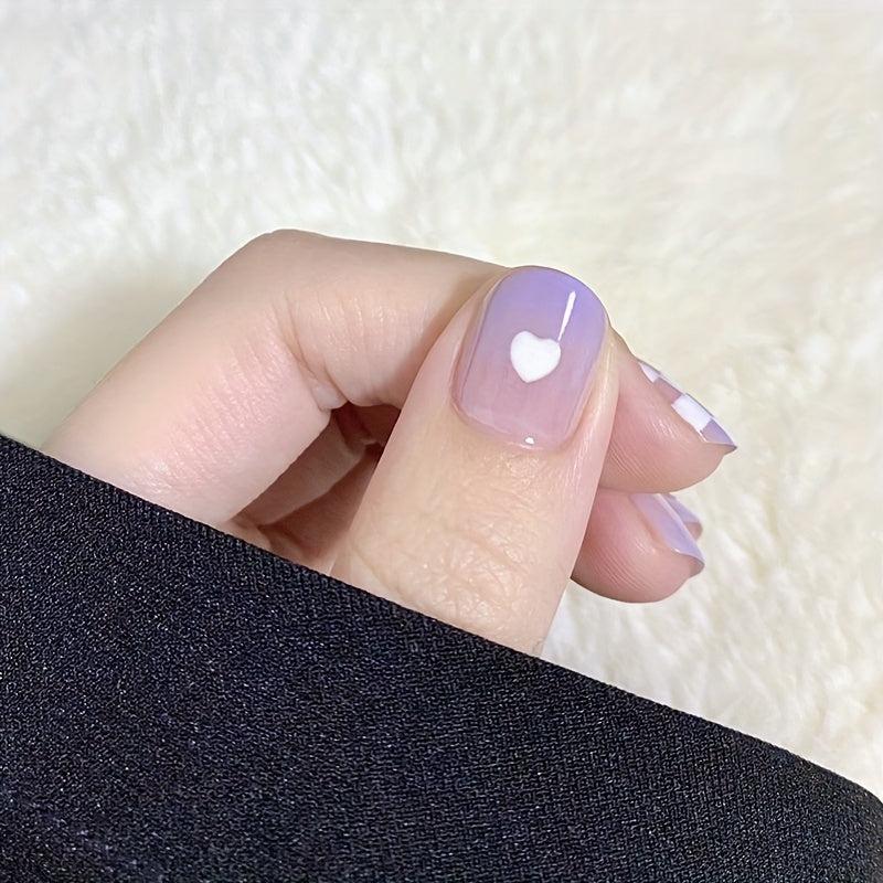 24 pcs Gradient Checkerboard Love False Nails Glossy Square for Women