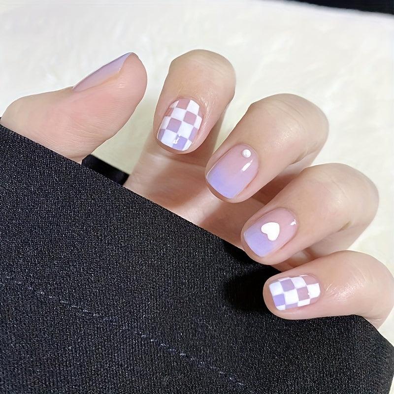 24 pcs Gradient Checkerboard Love False Nails Glossy Square for Women