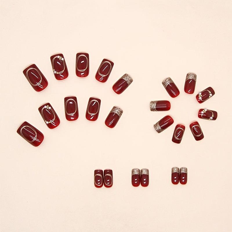 Wine Red Press On Nails with Golden Stripes Short Acrylic Nails