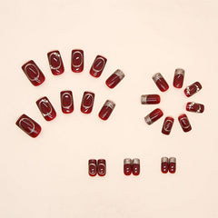 Wine Red Press On Nails with Golden Stripes Short Acrylic Nails