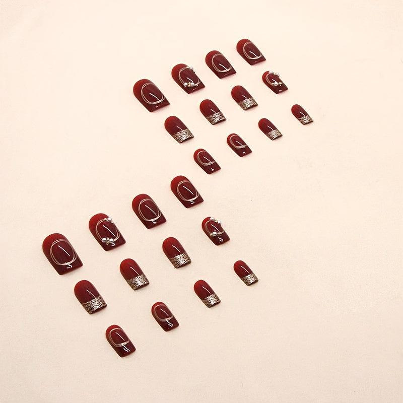 Wine Red Press On Nails with Golden Stripes Short Acrylic Nails