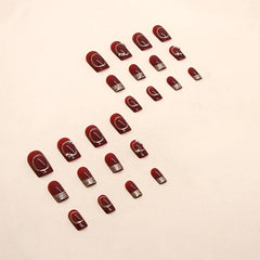 Wine Red Press On Nails with Golden Stripes Short Acrylic Nails
