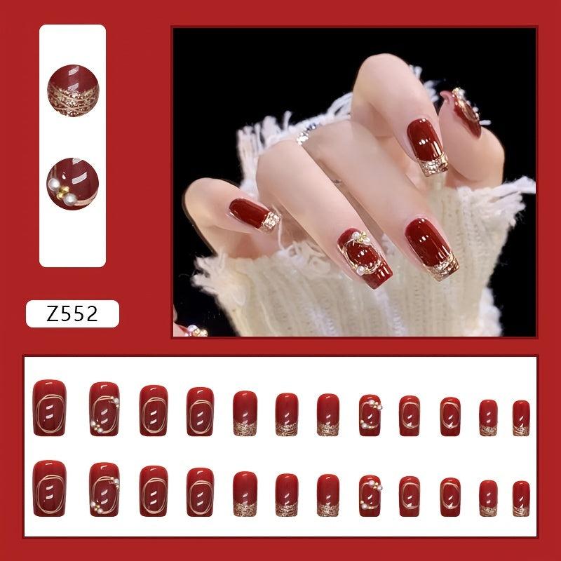 Wine Red Press On Nails with Golden Stripes Short Acrylic Nails