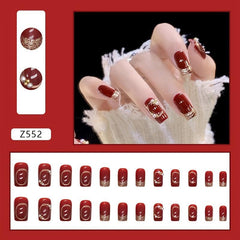 Wine Red Press On Nails with Golden Stripes Short Acrylic Nails