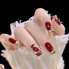 Wine Red Press On Nails with Golden Stripes Short Acrylic Nails