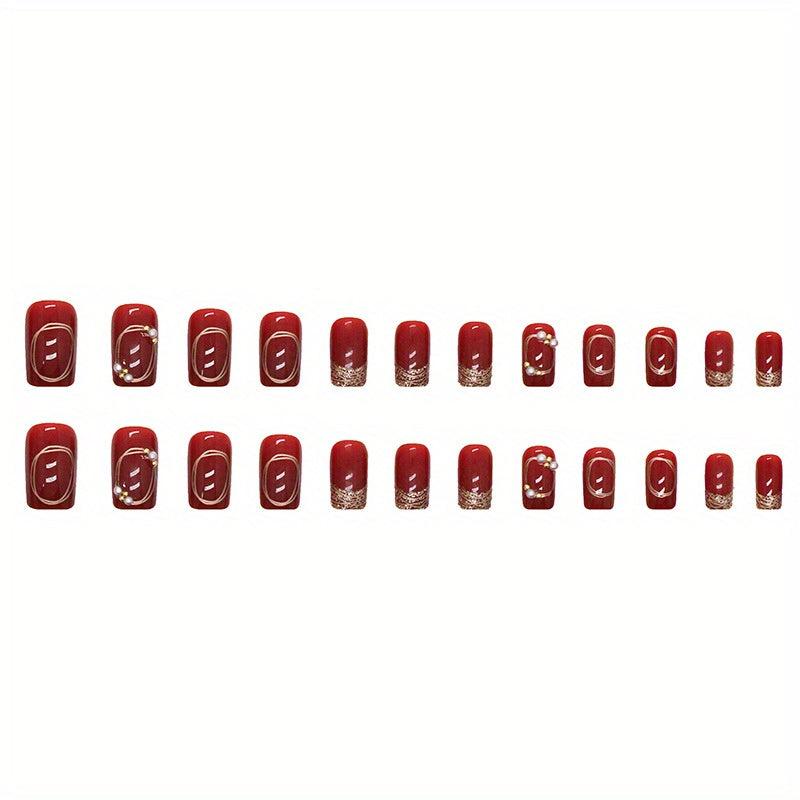 Wine Red Press On Nails with Golden Stripes Short Acrylic Nails