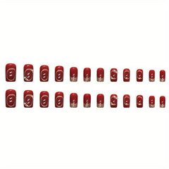 Wine Red Press On Nails with Golden Stripes Short Acrylic Nails